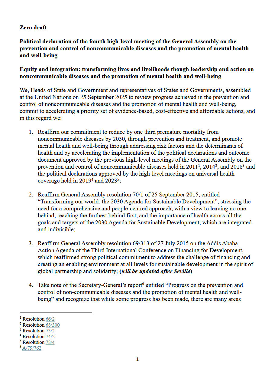  Zero draft: Political declaration of the fourth high-level meeting of the General Assembly on the prevention and control of noncommunicable diseases and the promotion of mental health and well-being