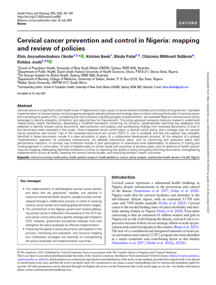 Cervical cancer prevention and control in Nigeria: mapping  and review of policies
