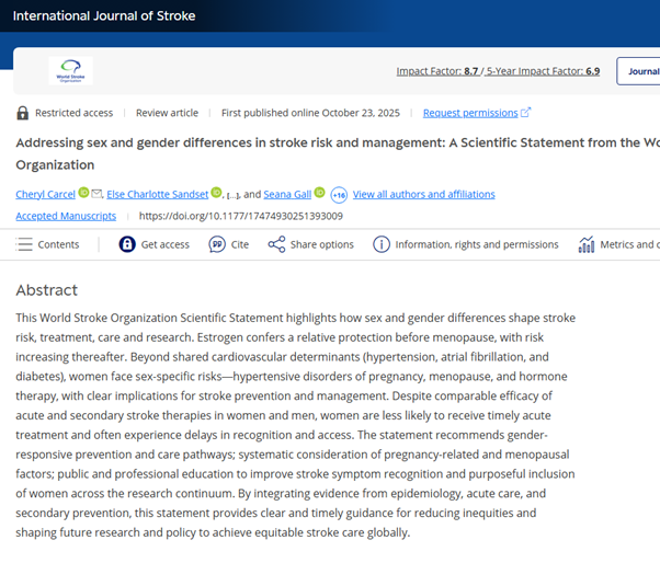 Addressing sex and gender differences in stroke risk and management: A Scientific Statement from the World Stroke Organization