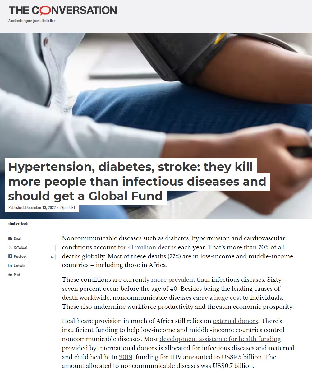 Hypertension, diabetes, stroke: they kill more people than infectious diseases and should get a Global Fund