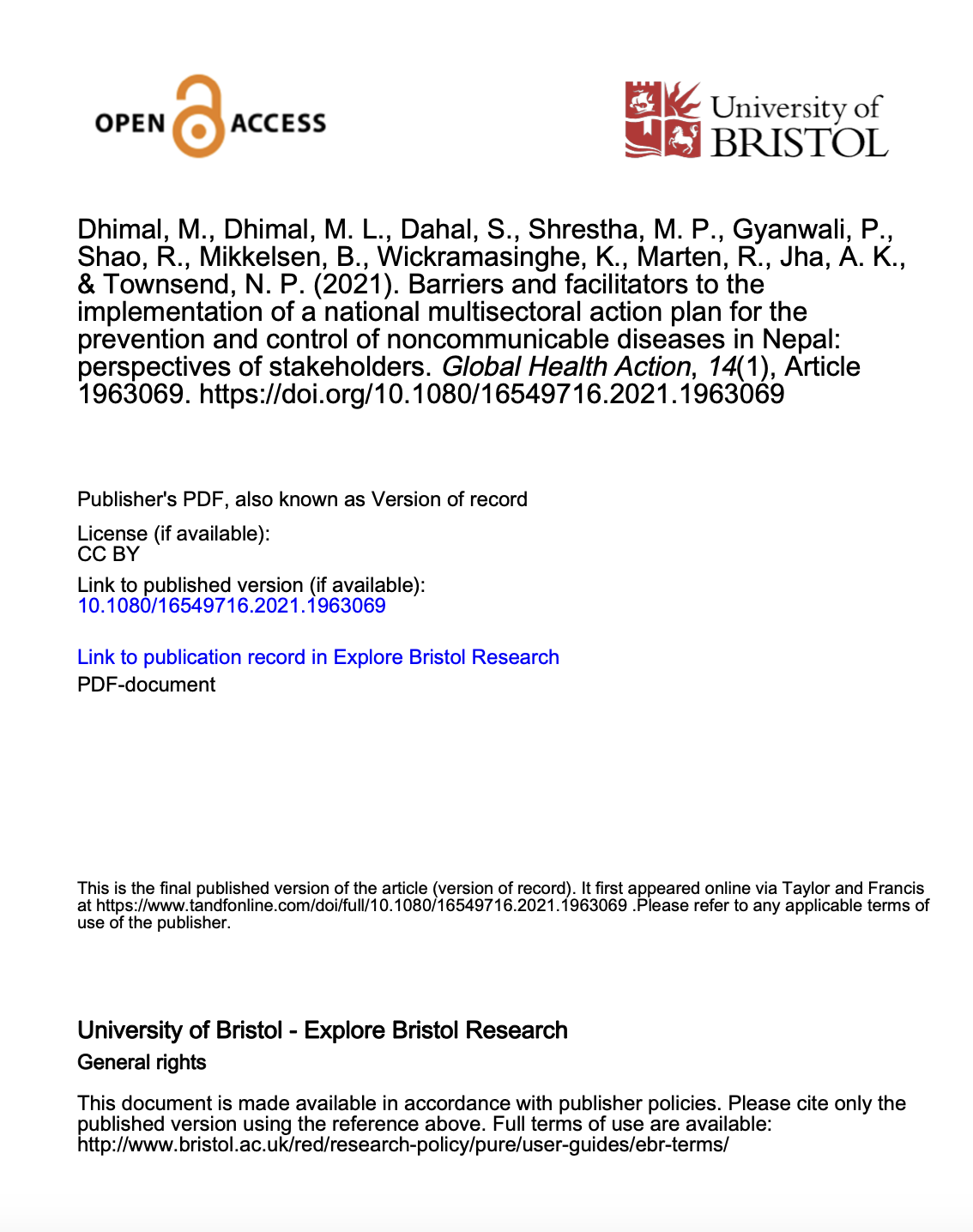 Barriers and facilitators to the implementation of a national multisectoral action plan for the prevention and control of noncommunicable diseases in Nepal: perspectives of stakeholders