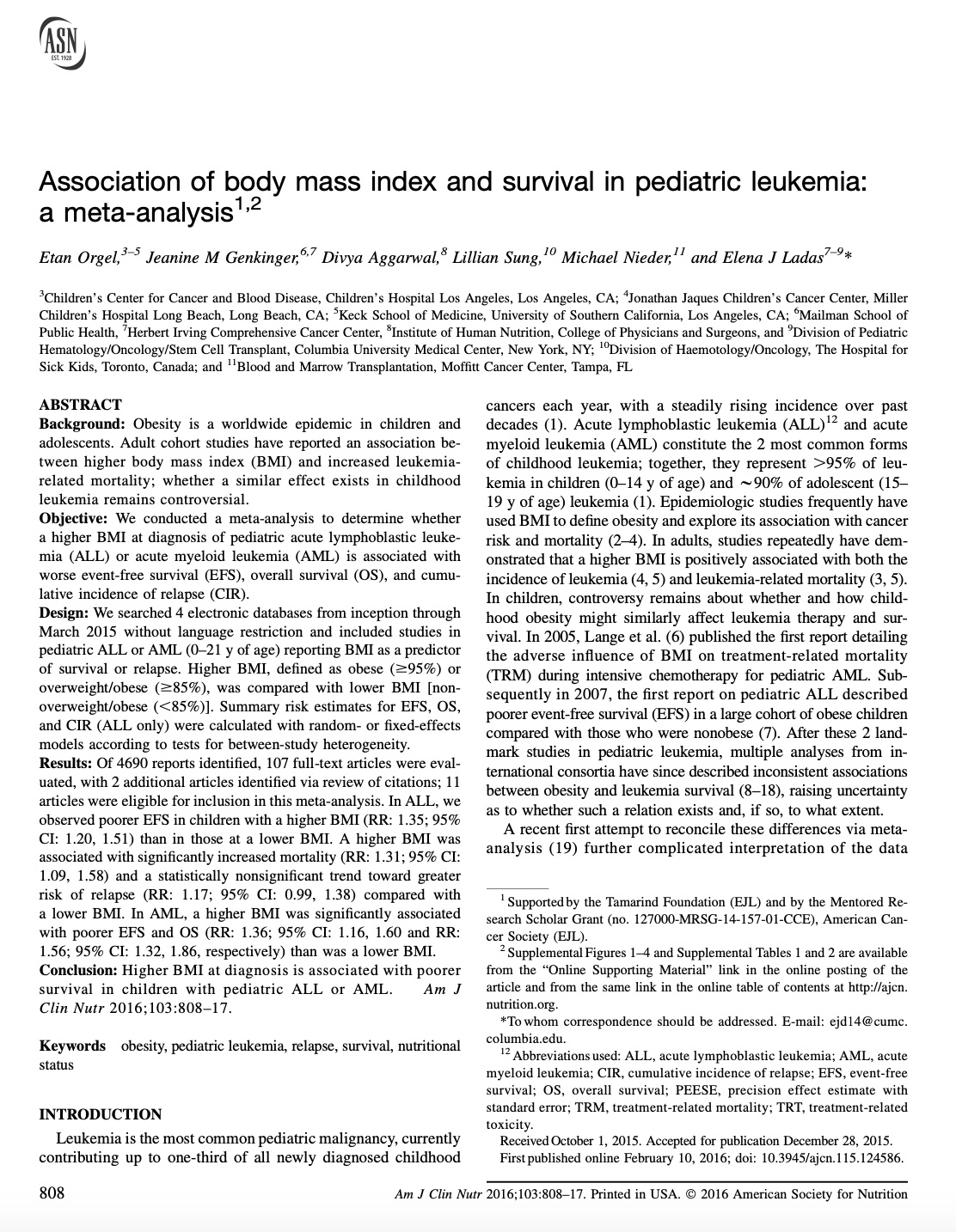 Association of body mass index and survival in pediatric leukemia: a meta-analysis